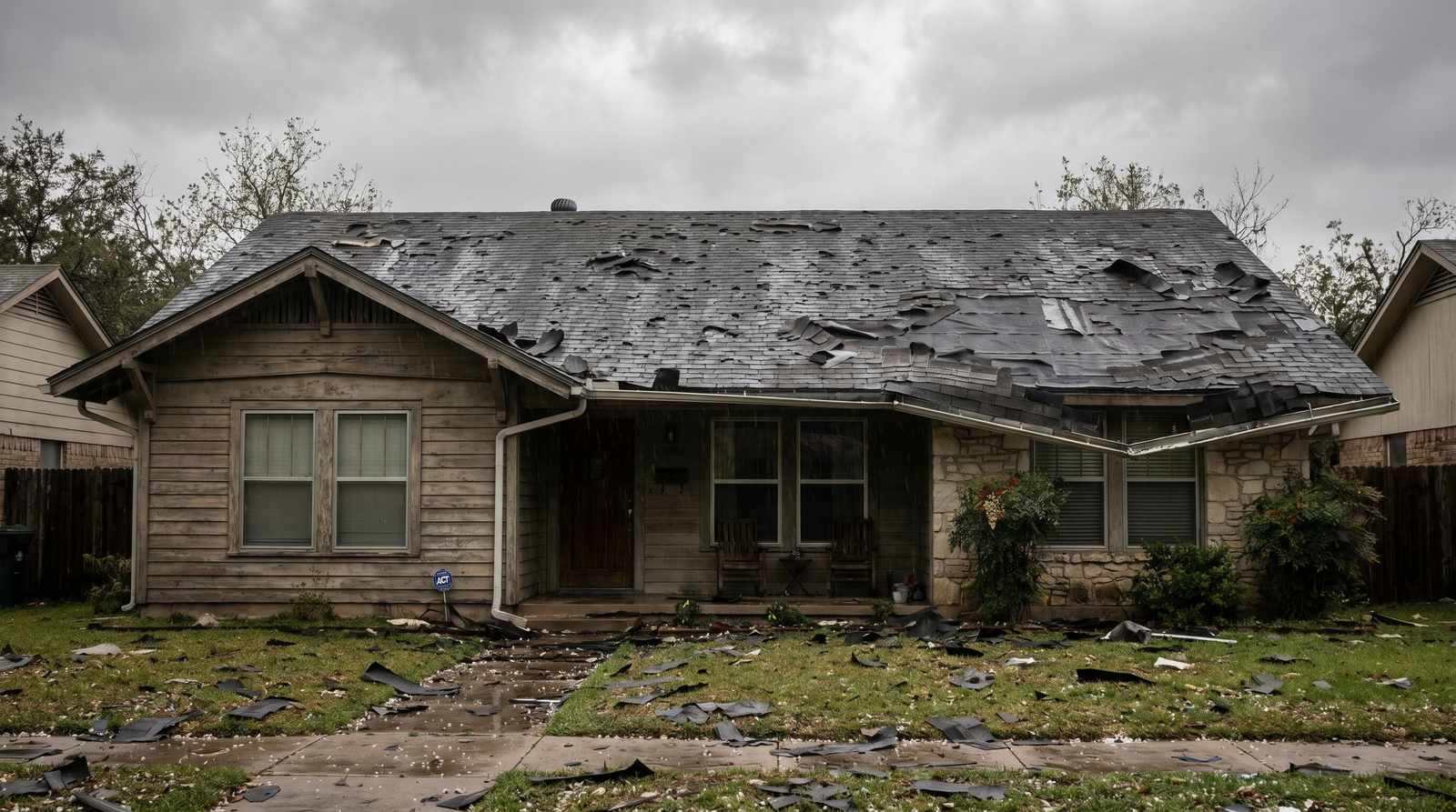 Storm-damaged Austin roof before repair